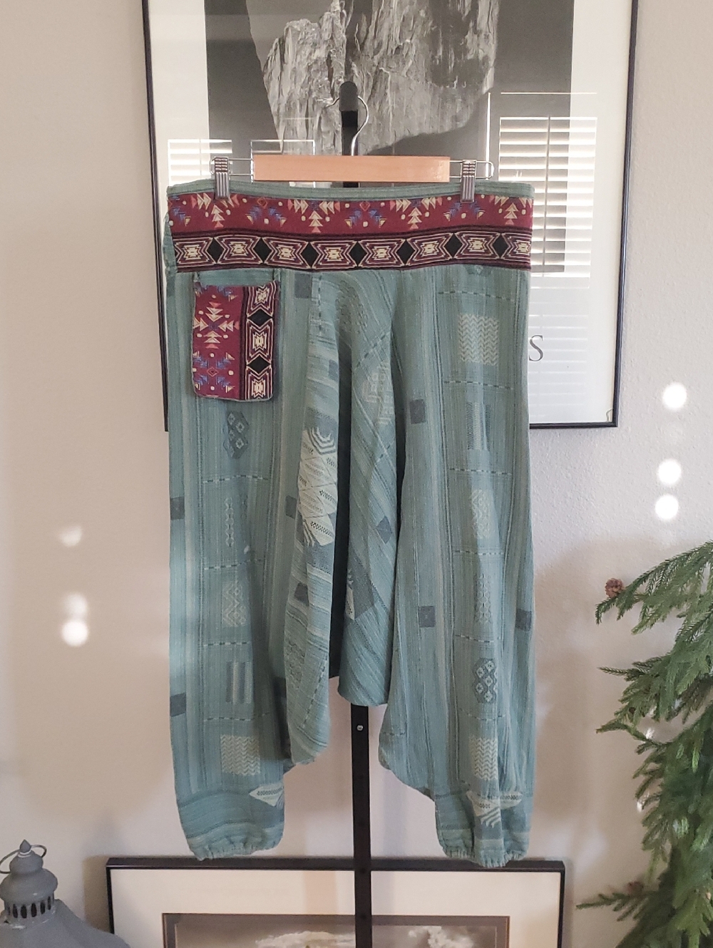 Boho Harem Pants with Aztec Waistband in Sage Green and Burgundy
